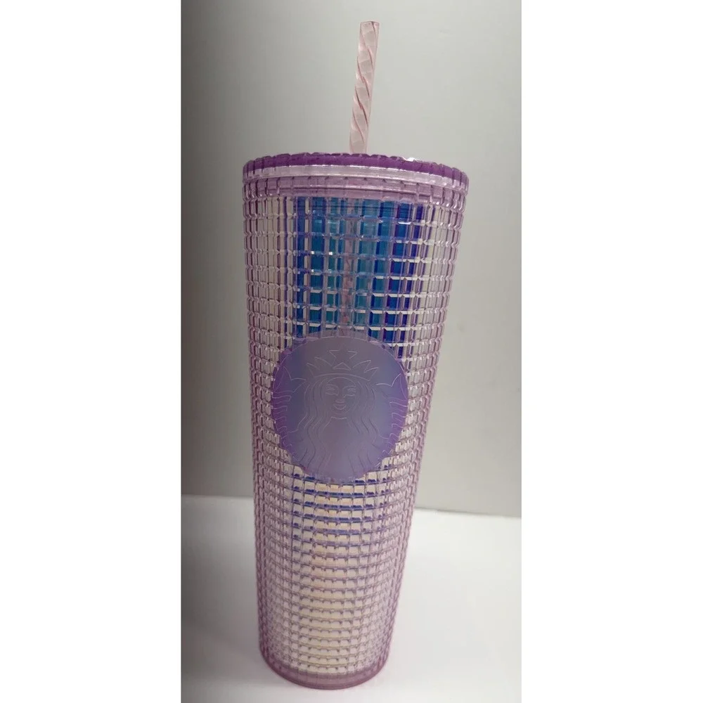 Starbucks Iridescent Pink Blue Grid 2021 Tumbler Cold Cup 24oz Venti W/ Straw